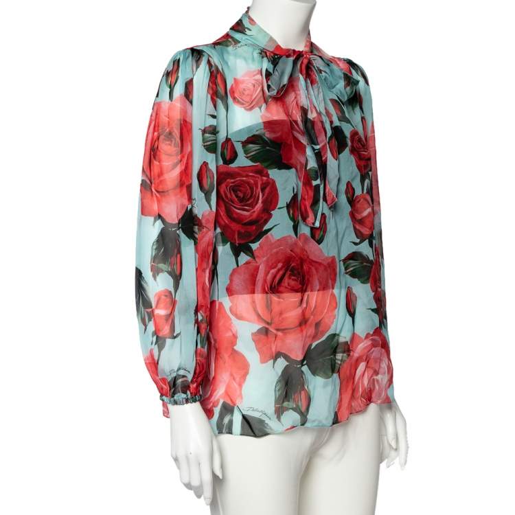 Pre Owned Dolce & Gabbana Multicolor Floral Printed Silk Bow Tie Detail Top M