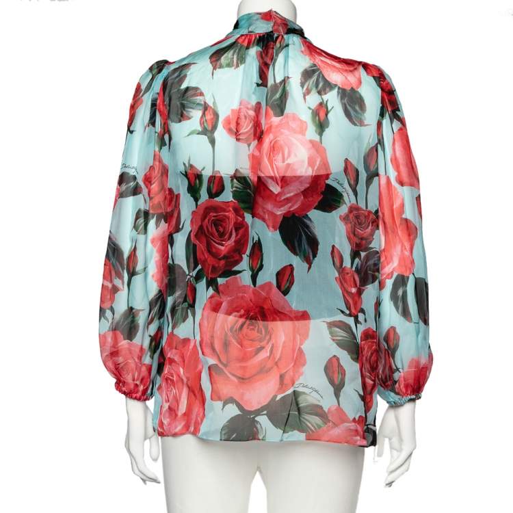 Pre Owned Dolce & Gabbana Multicolor Floral Printed Silk Bow Tie Detail Top M