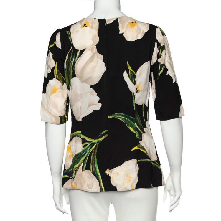 Pre Owned Dolce & Gabbana Black Floral Printed Crepe Three Quarter Sleeve Top M