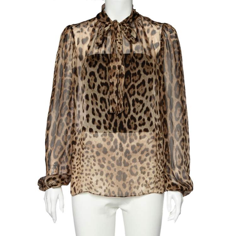 Pre Owned Dolce & Gabbana Brown Animal Printed Silk Neck Tie Detail Top M