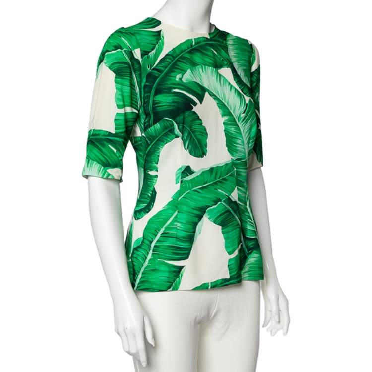 Pre Owned Dolce & Gabbana White Banana Leaf Printed Crepe Top M
