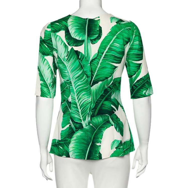 Pre Owned Dolce & Gabbana White Banana Leaf Printed Crepe Top M