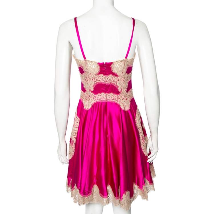 Pre Owned Dolce & Gabbana Fuchsia Pink Silk Lace Detail Slip Dress M