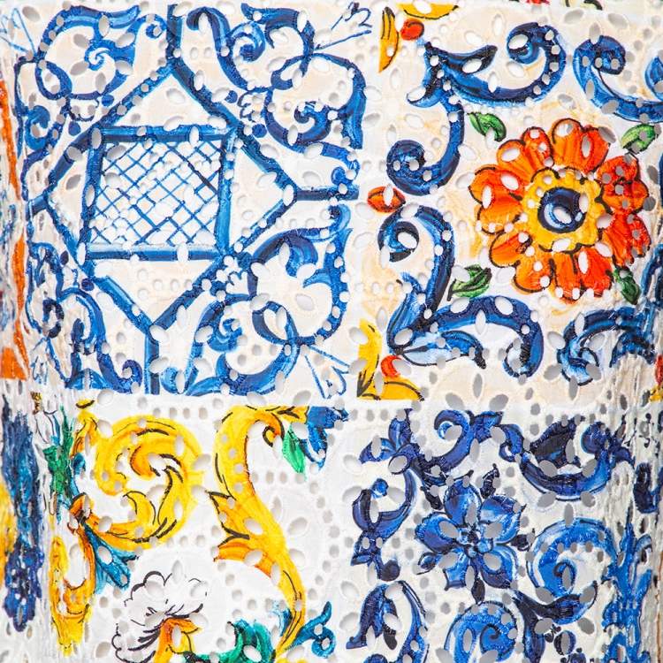 Pre Owned Dolce & Gabbana Multicolor Majolica Printed Eyelet Lace Top M