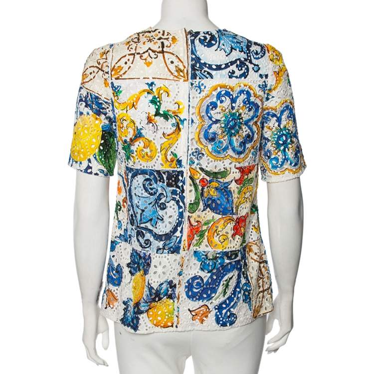 Pre Owned Dolce & Gabbana Multicolor Majolica Printed Eyelet Lace Top M