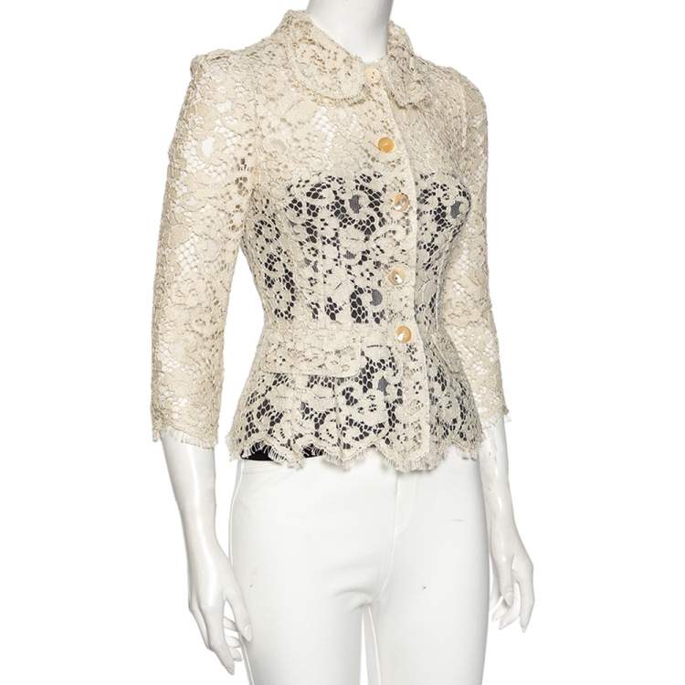 Pre Owned Dolce & Gabbana Light Beige Floral Lace Button Front Jacket S