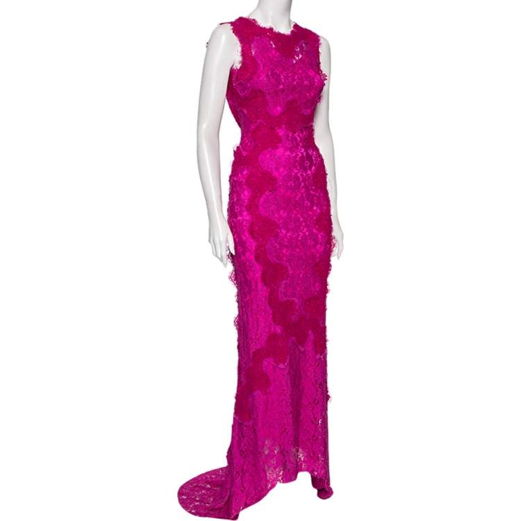 Pre Owned Dolce & Gabbana Magenta Corded Lace Open Back Maxi Dress S 