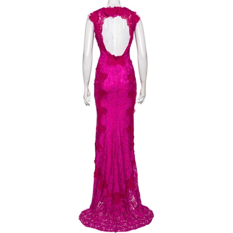 Pre Owned Dolce & Gabbana Magenta Corded Lace Open Back Maxi Dress S 