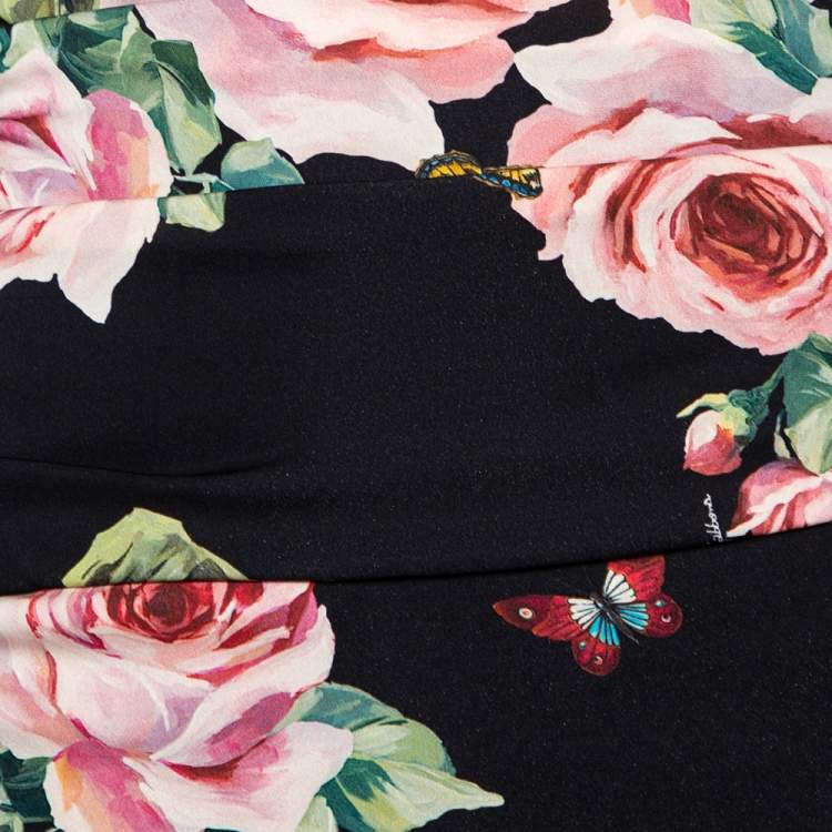 Pre Owned Dolce & Gabbana Black Floral Printed Silk Draped Detailed Sheath Dress S