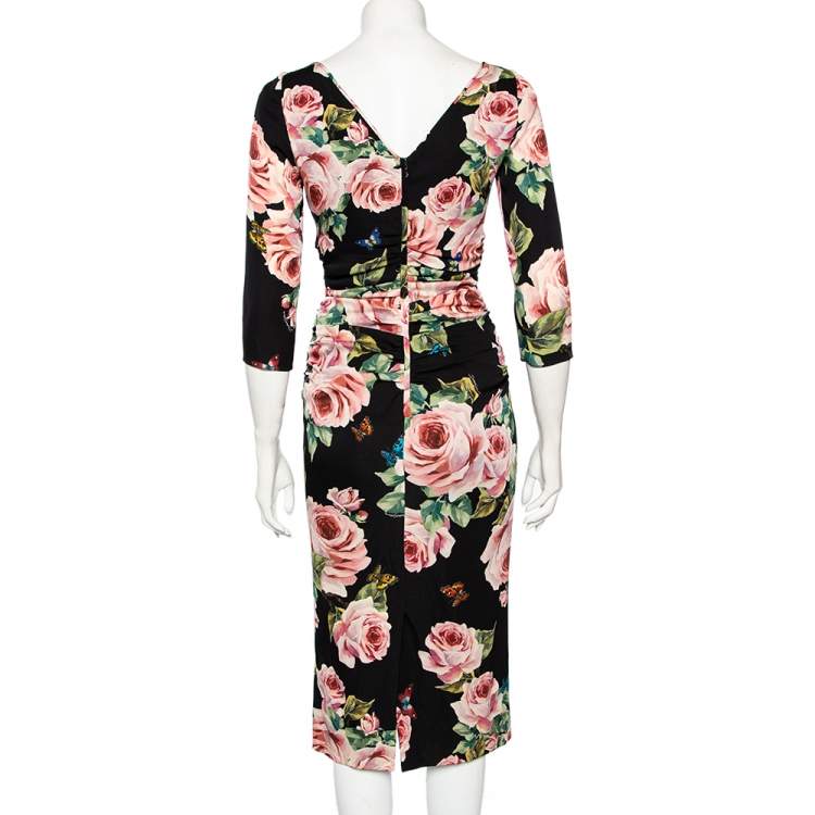 Pre Owned Dolce & Gabbana Black Floral Printed Silk Draped Detailed Sheath Dress S