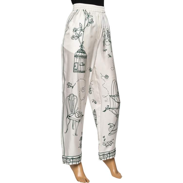 Pre Owned Dolce & Gabbana White Victorian Garden Printed Silk Pants L