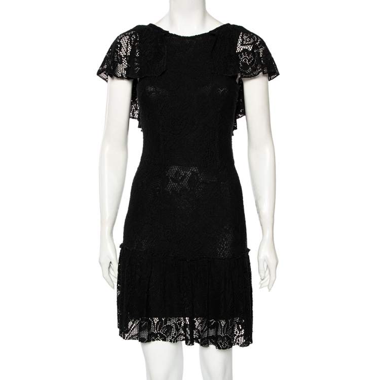 Pre Owned Dolce & Gabbana Black Crochet Lace Flared Hem Detailed Dress S