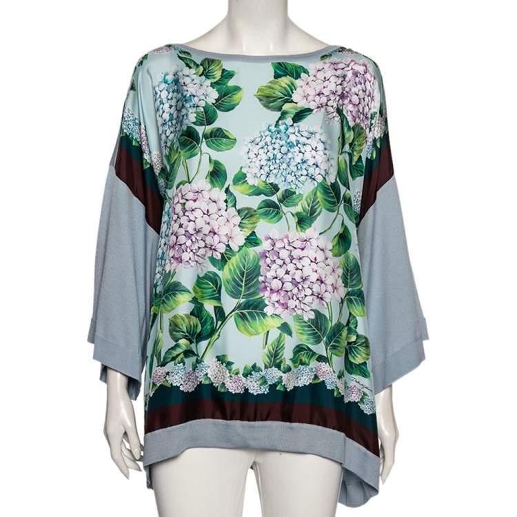 Pre Owned Dolce & Gabbana Light Blue Floral Print Silk Oversized Top L