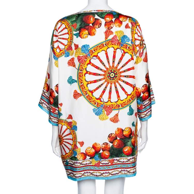 Pre Owned Dolce & Gabbana White Sicilian Printed Silk Boatneck Oversized Tunic M