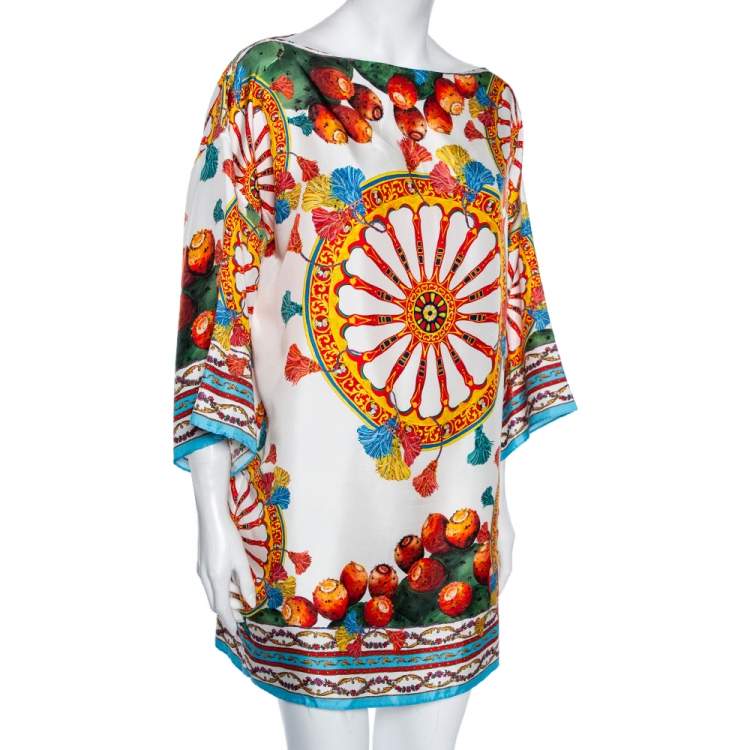 Pre Owned Dolce & Gabbana White Sicilian Printed Silk Boatneck Oversized Tunic M