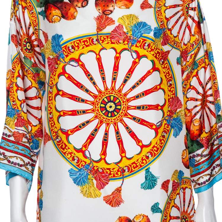 Pre Owned Dolce & Gabbana White Sicilian Printed Silk Boatneck Oversized Tunic M