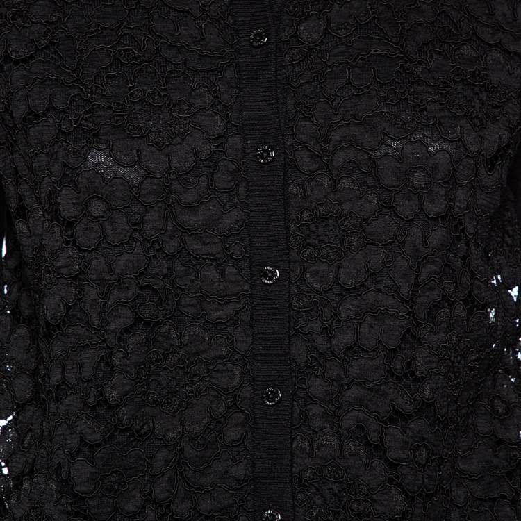 Pre Owned Dolce & Gabbana Black Wool Floral Embroidered Button Front Cardigan M