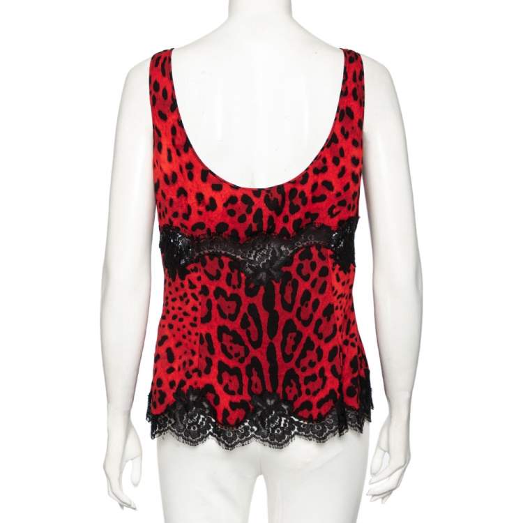 Pre Owned Dolce & Gabbana Red Leopard Print Silk Sleeveless Top L