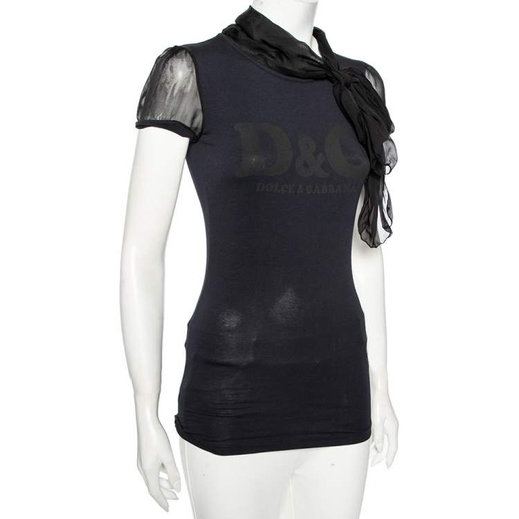 مملوكة مسبقًا Dolce & Gabbana Black Logo Printed Cotton Knit And Silk Neck Tie Detail T-Shirt XS
