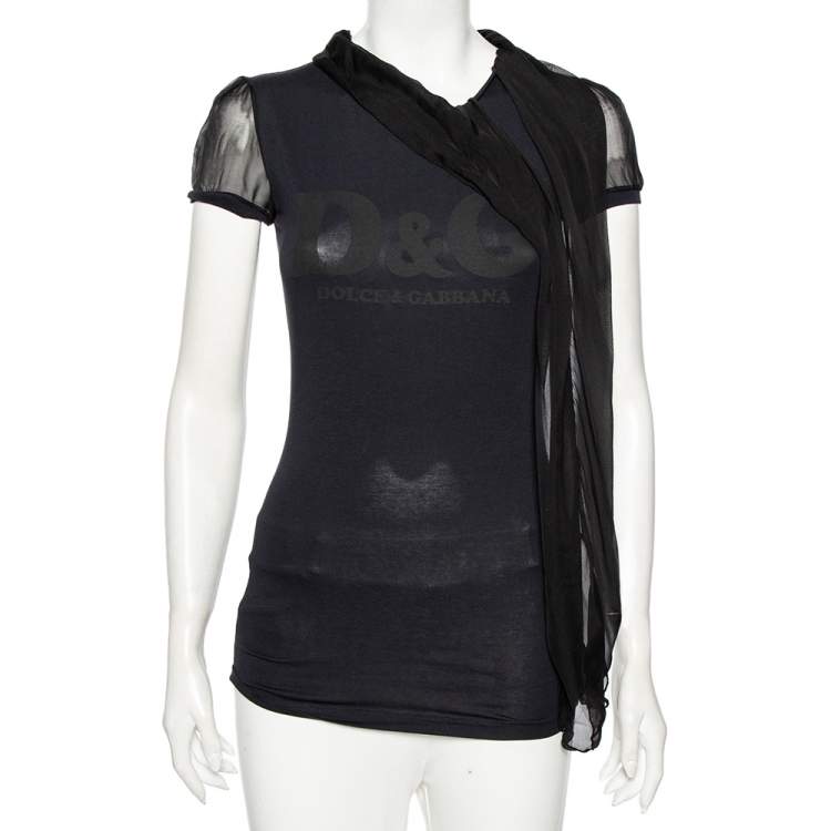 مملوكة مسبقًا Dolce & Gabbana Black Logo Printed Cotton Knit And Silk Neck Tie Detail T-Shirt XS