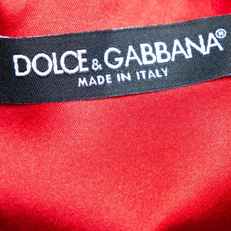 Pre Owned Dolce & Gabbana Red Crepe Wool Embellished Logo Detail A-Line Midi Dress S