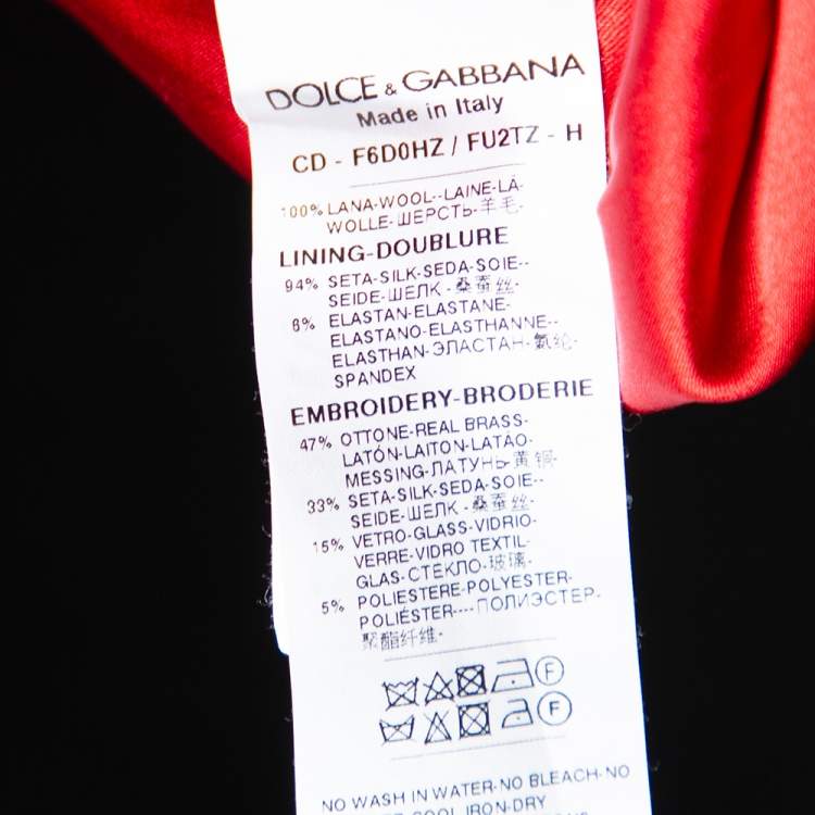 Pre Owned Dolce & Gabbana Red Crepe Wool Embellished Logo Detail A-Line Midi Dress S