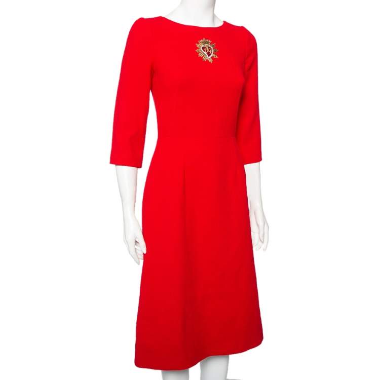 Pre Owned Dolce & Gabbana Red Crepe Wool Embellished Logo Detail A-Line Midi Dress S