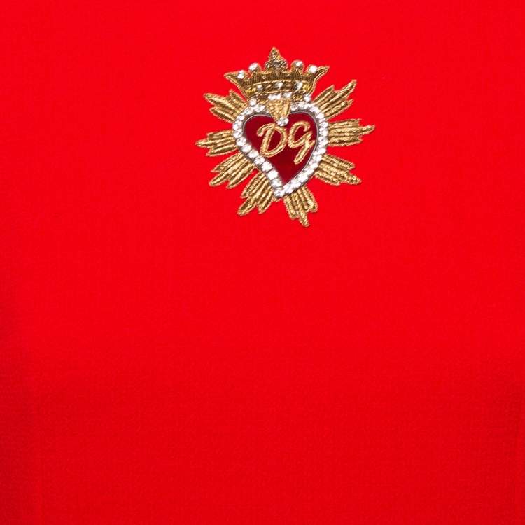 Pre Owned Dolce & Gabbana Red Crepe Wool Embellished Logo Detail A-Line Midi Dress S