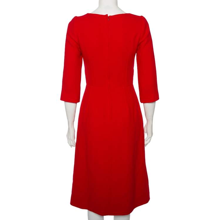 Pre Owned Dolce & Gabbana Red Crepe Wool Embellished Logo Detail A-Line Midi Dress S