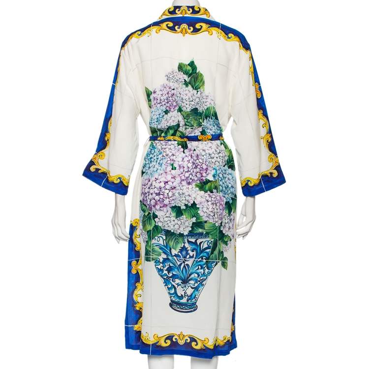 Pre Owned Dolce & Gabbana White Bouquet Printed Silk Button Down Belted Dress L