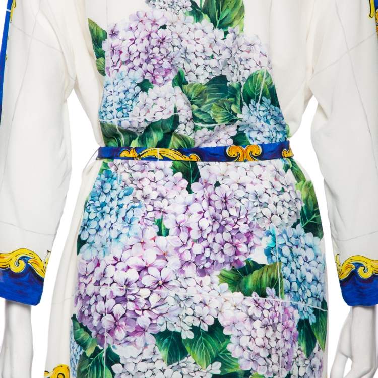 Pre Owned Dolce & Gabbana White Bouquet Printed Silk Button Down Belted Dress L