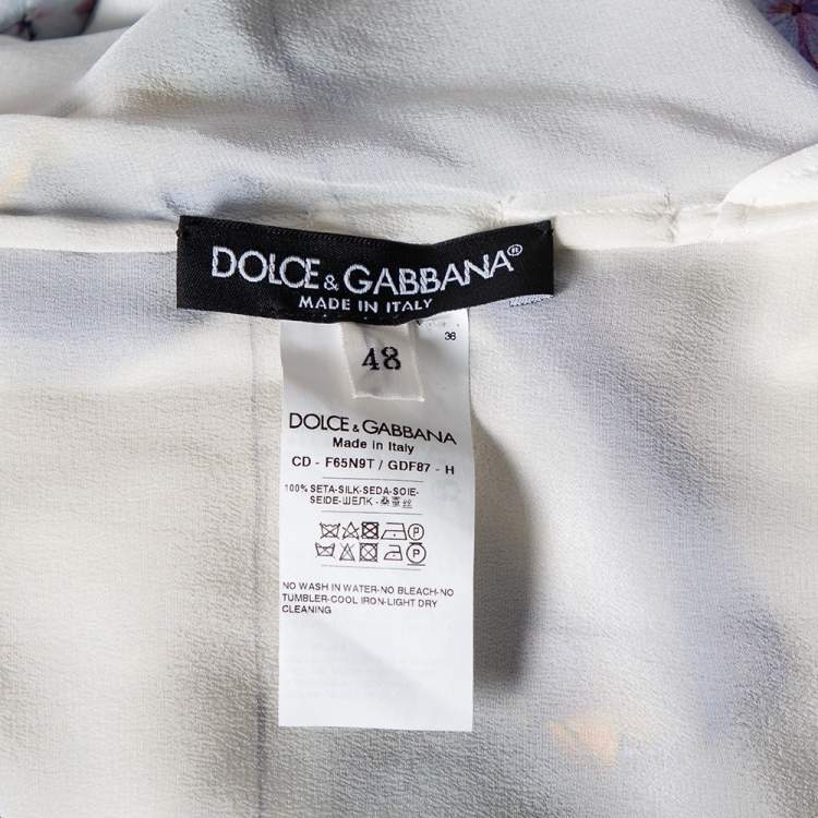 Pre Owned Dolce & Gabbana White Bouquet Printed Silk Button Down Belted Dress L