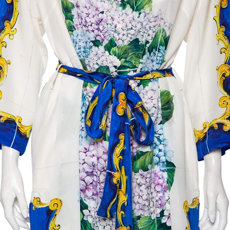 Pre Owned Dolce & Gabbana White Bouquet Printed Silk Button Down Belted Dress L