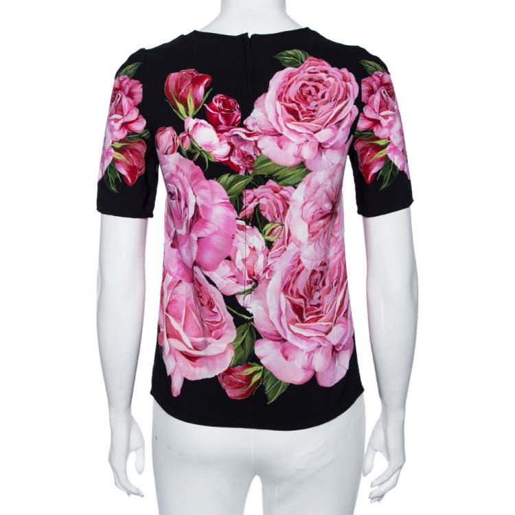 Pre Owned Dolce & Gabbana Black Floral Printed Crepe Short Sleeve Top S