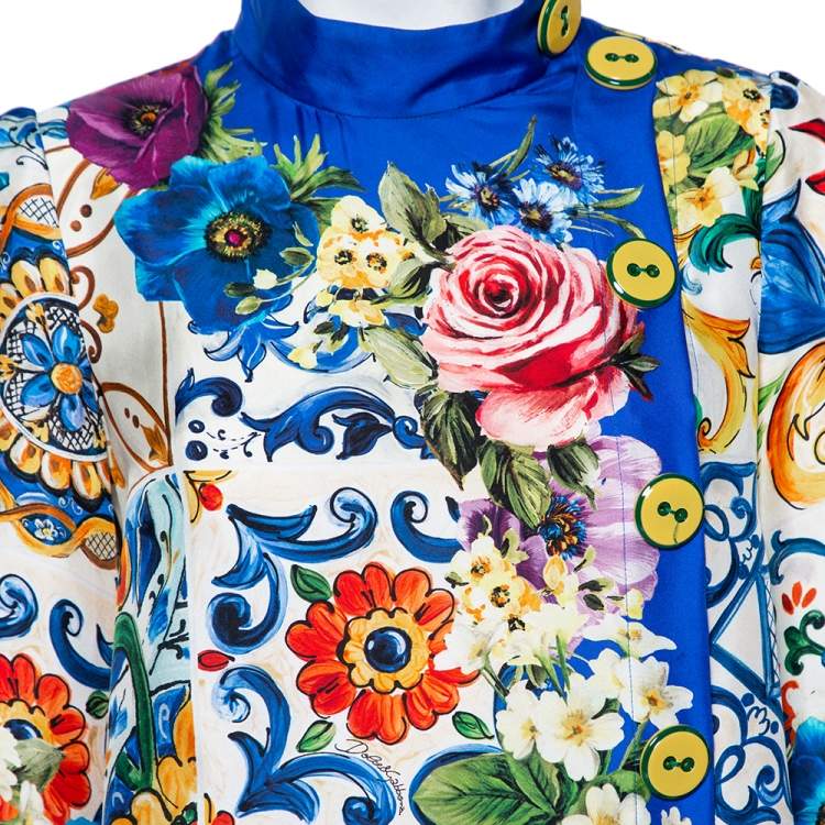 مملوكة مسبقًا Dolce & Gabbana Blue Floral Printed Silk Button Detailed Blouse M