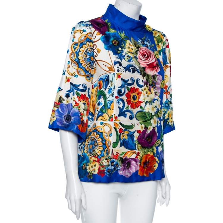 مملوكة مسبقًا Dolce & Gabbana Blue Floral Printed Silk Button Detailed Blouse M