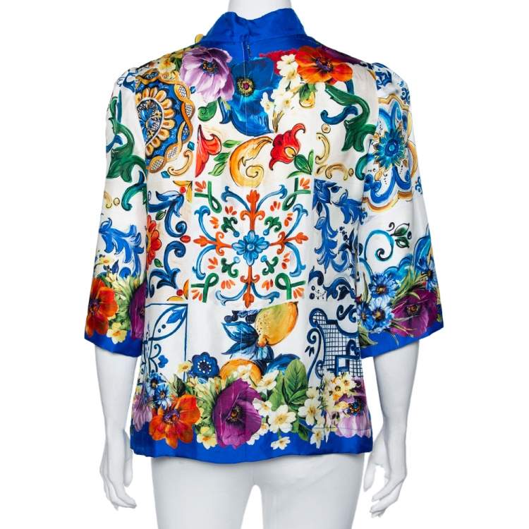 مملوكة مسبقًا Dolce & Gabbana Blue Floral Printed Silk Button Detailed Blouse M