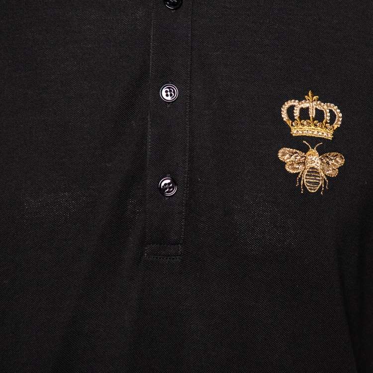 Pre Owned Dolce & Gabbana Black Cotton Pique Bee & Crown Embroidered Polo T-Shirt XL