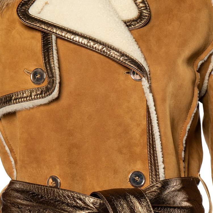 Pre Owned Dolce & Gabbana Tan Suede And Fur Trimmed Double Breasted Belted Coat M
