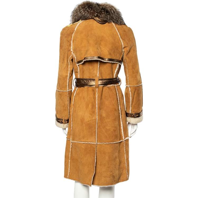 Pre Owned Dolce & Gabbana Tan Suede And Fur Trimmed Double Breasted Belted Coat M