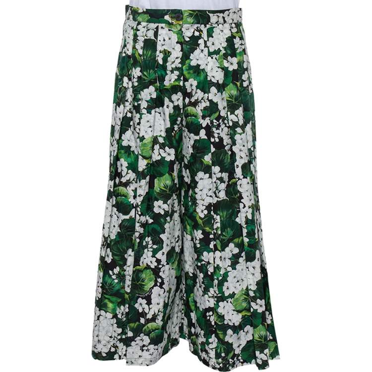 Pre Owned Dolce & Gabbana Green Floral Printed Cotton Pleated Flared Pants M