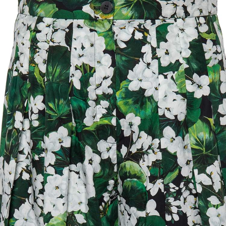 Pre Owned Dolce & Gabbana Green Floral Printed Cotton Pleated Flared Pants M
