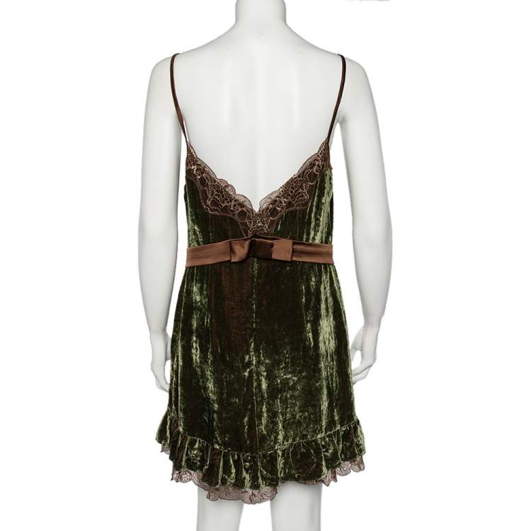 Pre Owned Dolce & Gabbana Dark Green Velvet Contrast Lace Trim Slip Dress L