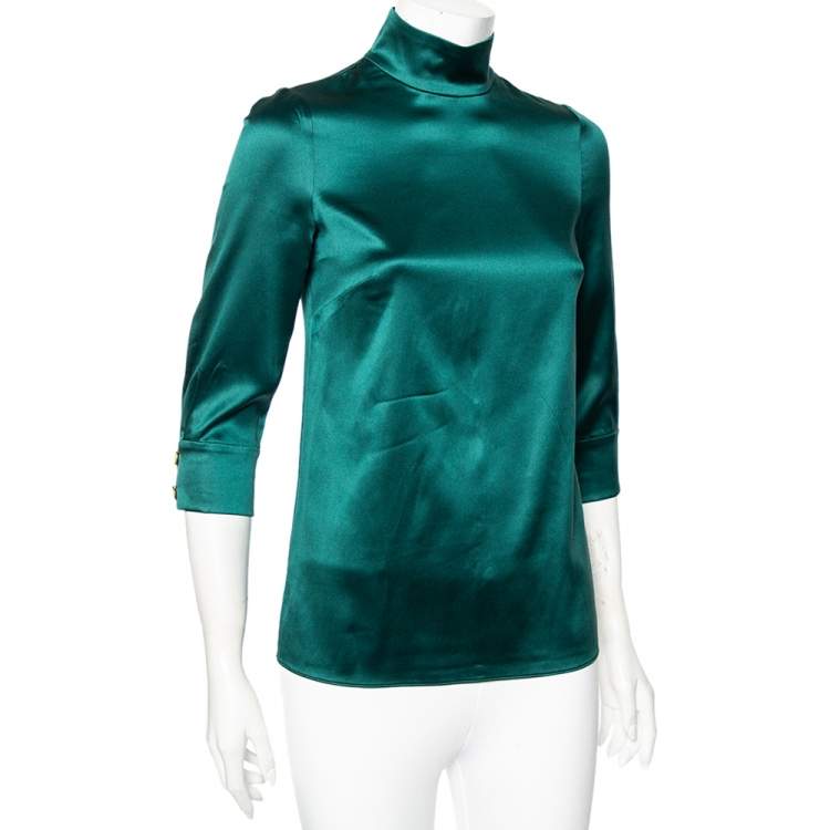 Pre Owned Dolce & Gabbana Dark Green Silk Satin High Neck Top S