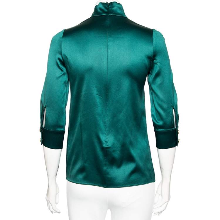 Pre Owned Dolce & Gabbana Dark Green Silk Satin High Neck Top S