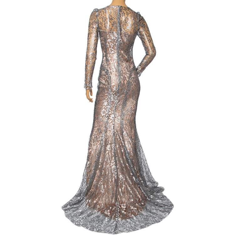 Pre Owned Dolce & Gabbana Metallic Floral Lace Long Sleeve Gown S 