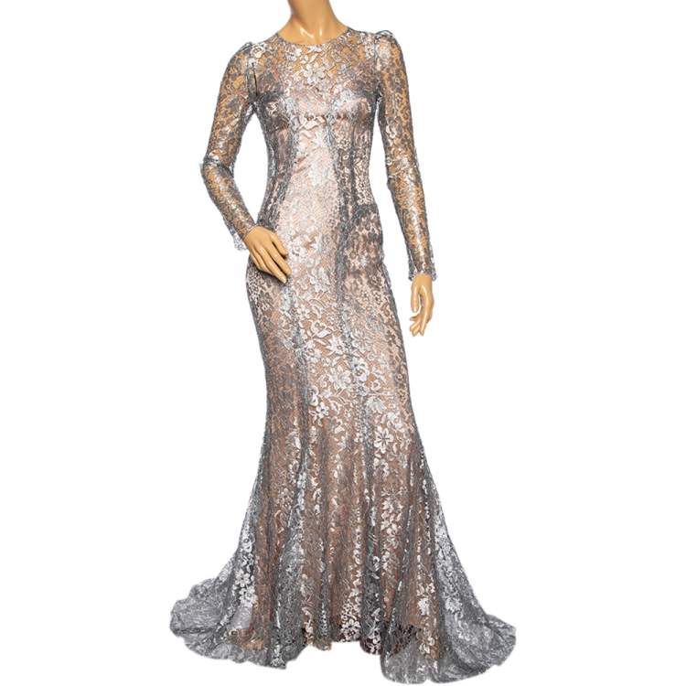Pre Owned Dolce & Gabbana Metallic Floral Lace Long Sleeve Gown S 