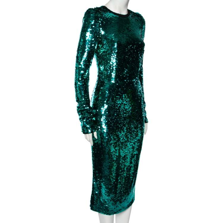 Pre Owned Dolce & Gabbana Metallic Green Paillette-Embellished Dress M
