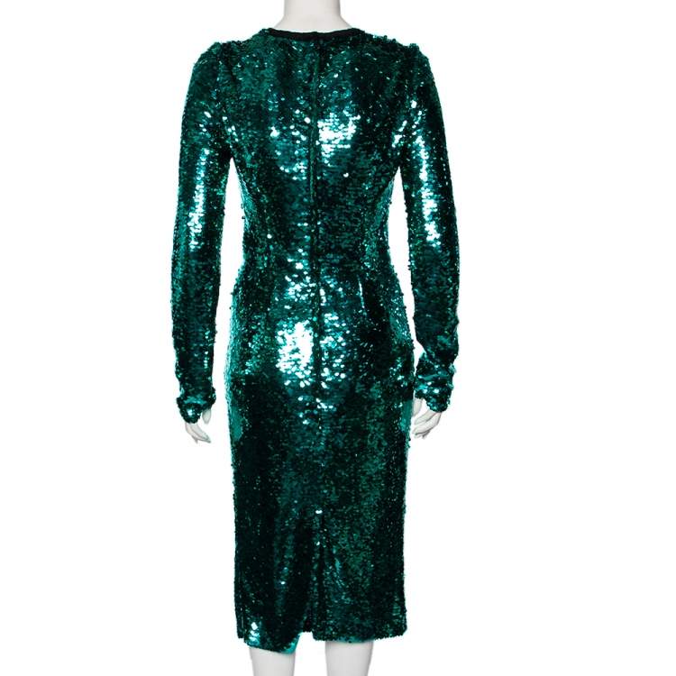 Pre Owned Dolce & Gabbana Metallic Green Paillette-Embellished Dress M
