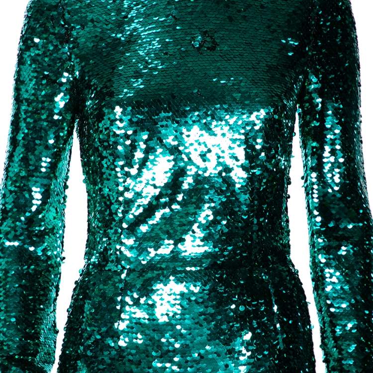 Pre Owned Dolce & Gabbana Metallic Green Paillette-Embellished Dress M